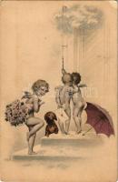 Cupids with roses, letter and Dachshund dog. M.M. Nr. 160. (EK)