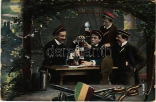 1914 Boldog Újévet! / New Year greeting art postcard with students drinking beer, Studentica (EK)