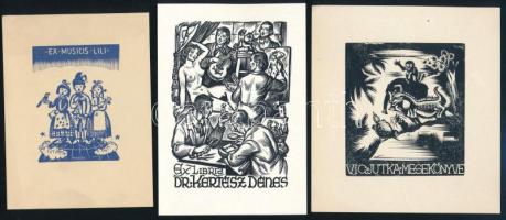 11 db ex libris és kisgrafika: Bordás, Dahros, Nagy Árpád, Kozlowszky, Végh, Vadász stb., klf. techn...