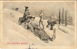 1913 Ein frohes Jahr! / New Year greeting art postcard with sledding couple, winter sport. H. Christ Vienne Nr. 224. (EK)