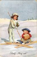 1913 Vesely Novy rok! / New Year greeting art postcard with skiing children, winter sport. V.K.K.V. 201-6. s: K. Nejedly (EK)