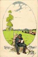 1918 Frohe Ostern! / WWI Austro-Hungarian K.u.K. military art postcard with Easter greetings s: E. Kutzer (kis szakadás / small tear)