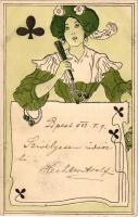 1902 Treff dáma (Francia kártya) / Queen of Clubs (French card). Art Nouveau, Emb. B.R.W. 409. (EK)
