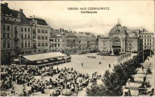 1916 Chernivtsi, Czernowitz, Cernauti, Csernyivci (Bukovina, Bukowina); Schillerplatz / square, market, theatre + KOMMANDO DER 1/62 BAUKOMPAGNIE (EK)