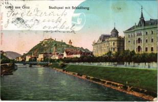 1905 Graz (Steiermark), Stadtquai mit Schloßberg / quay, castle, bridge (EK)