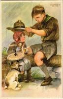 A cserkész másokkal szemben gyöngéd, magával szemben szigorú. Cserkész levelezőlapok kiadóhivatal / Hungarian scout boy art postcard s: Márton L. (fl)