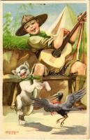 A cserkész vidám és meggondolt. Cserkész levelezőlapok kiadóhivatal / Hungarian scout boy art postcard s: Márton L. (lyukak / pinholes)