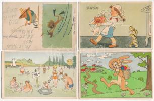 4 db MODERN magyar humoros retro grafikai képeslap vegyes minőségben. Képzőművészeti Alap / 4 modern Hungarian retro graphic postcards in mixed quality