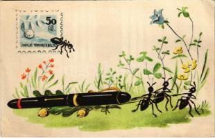Negyven darab hangya-bélyeg töltőtollra becseréllek! Iskolai takarékbélyeg propaganda lap / Hungarian School savings stamp propaganda card (EB)