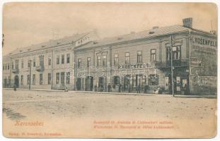 1917 Karánsebes, Caransebes; Rosenfeld H. áruházának üzlete és Lichtneckert szálloda a zöld fához. H. Rosenfeld saját kiadása / shop and hotel (EK)