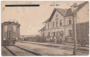 Balázsfalva, Blasendorf, Blaj; Küküllőszög vasútállomás, vonat. Vasúti levelezőlapárusítás 134. / Campi Libertatii railway station, train (ázott / wet damage)