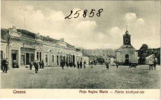 Kraszna, Crasna; Római katolikus templom, Mária királyné tér, F. Reznovits üzlete. Nagy és Vasilichi Nr. 3. 1928. / church, square, shop (Rb)