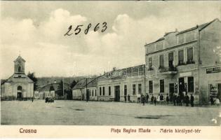 Kraszna, Crasna; Mária királyné tér, Josif Farkas üzlete. Nagy és Vasilichi Nr. 6. 1928. / Piata Regina Maria / square, shops, church (Rb)