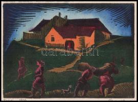 Nagy Nándor (1894-1979): Tabán, 1926. Kézzel színezett linómetszet, papír, jelzett, paszpartuban, 9×...