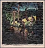 Nagy Nándor (1894-1979): Árkádia (cím nélkül), 1929. Kézzel színezett linómetszet, papír, jelzett, p...