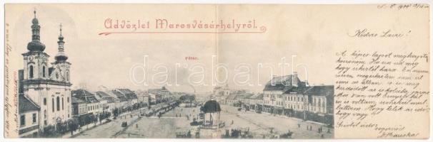 1900 Marosvásárhely, Targu Mures; Fő tér, Dudutz, Fey József, Widder Antal, Bogdánffy István üzlete. 2-részes kinyitható panorámalap / main square, shops. 2-tiled folding panoramacard