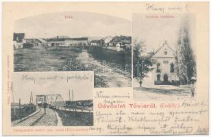 1901 Tövis, Teius; Fő tér, izraelita templom, zsinagóga, Gyógypataki vashíd, MÁV vasúti vonal. Szabolcs Endre kiadása / main square, synagogue, railway bridge