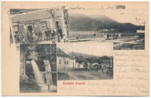 1903 Zám, Sameschdorf, Zam; vízi malom, utca, faúsztató tutajosok, Bienenstock Sándor üzlete / mill, street, rafters, shop. Art Nouveau, floral