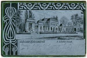 1899 (Vorläufer) Kolozsvár, Cluj; Sétatéri kioszk. Szántó Bertalan és Gusztáv kiadása / promenade kiosk. Art Nouveau, floral, litho (EB)