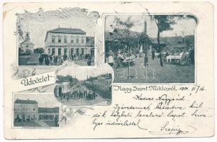 1901 Nagyszentmiklós, Sannicolau Mare; Czenczinger szálloda kerthelyisége, Fő utca, Fischof Vilmos divatáruháza, Mausz János dohány és fűszerüzlete / hotel garden, main street, shops. Art Nouveau, floral (EK)