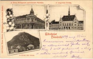 1899 (Vorläufer) Déva, Előlegezési szövetkezet palotája, megyeház, várrom, Városi kisdedóvó, Hirsch testvérek és Szőcs F. Lajos üzlete. Weisz Károly fényképész / bank palace, county hall, castle ruin, kindergarten, shops. Art Nouveau, floral