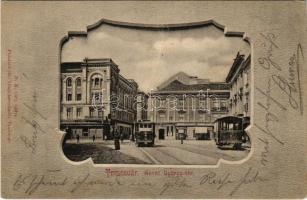 1901 Temesvár, Timisoara; Szent György tér, villamosok, Varneky A. üzlete. Polatsek-féle kiadása / square, trams, shop. Art Nouveau