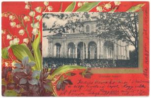 1904 Arad, Baross parki kioszk. Szecessziós virágos keret. Réthy L. és fia kiadása / Kiosk. Art Nouveau, floral litho frame (EK)