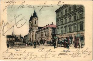 1904 Arad, Thököly tér, piac, Hoffmann József, Milos Mihály üzlete. Bloch H. kiadása / square, market, shops (EB)