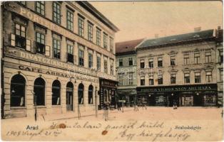 1904 Arad, Szabadság tér, Café Abbazia kávéház, Porter Vilmos nagyáruháza, Farber Lajos üzlete / square, café, fashion store, shops (EB)