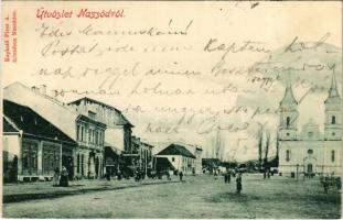 1900 Naszód, Nasaud; Fő tér, építkezés. Kapható Piros A. üzletében / main square, construction