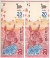 Argentína DN (2017-2020.) 20P (2db) sorszámkövető T:UNC Argentina ND (2017-2020.) 20 Pesos (2pcs) consecutive serials C:UNC Krause P#361