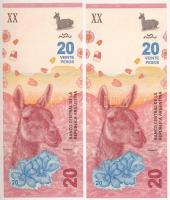 Argentína DN (2017-2020.) 20P (2db) sorszámkövető T:UNC Argentina ND (2017-2020.) 20 Pesos (2pcs) consecutive serials C:UNC Krause P#361