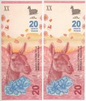 Argentína DN (2017-2020.) 20P (2db) sorszámkövető T:UNC Argentina ND (2017-2020.) 20 Pesos (2pcs) consecutive serials C:UNC Krause P#361