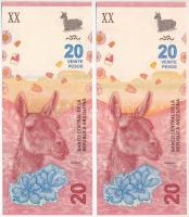 Argentína DN (2017-2020.) 20P (2db) sorszámkövető T:UNC Argentina ND (2017-2020.) 20 Pesos (2pcs) consecutive serials C:UNC Krause P#361