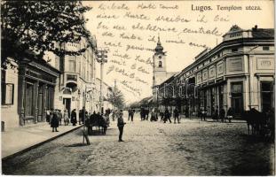 Lugos, Lugoj; Templom utca, Közgazdasági Bank, Recht és Widder üzlete. Auspitz Adolf kiadása / street, shop, bank (EK)