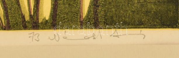 Németh András (1941-): Ősz. Színes linómetszet, papír, jelzett, paszpartuban. 38x22 cm