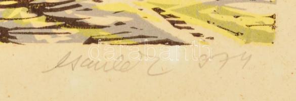 Csavlek András (1942-): Út a Bakonyban. Színes linómetszet, papír, jelzett, kartonra kasírozva, 24×4...