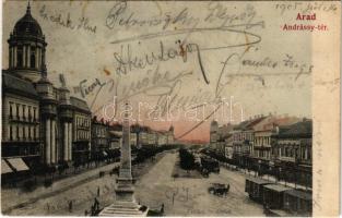 1905 Arad, Andrássy tér, Minorita templom, Szentháromság szobor, lóvasút / square, church, Holy Trinity statue, horse-drawn railway (fl)