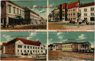 1924 Magyaróvár, Központi kávéház és a takarékpénztár, Vármegyeháza a Fekete Sas szállodával, M. kir. gazdasági akadémia, Múzeum (fl)