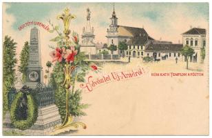 Arad, Újarad, Aradul Nou; Skultéty síremlék, Római katolikus templom a főúton. Mayr Lajos kiadása / tombstone, Catholic church, street view. Art Nouveau, floral, litho (fl)