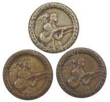 Sződy Szilárd (1878-1939) ~1930-1940. "Levente lövész" (3x) nagyméretű Cu jelvénysor arany, ezüst és bronz fokozat, pántos hátlappal (48mm) T:AU,XF aranyozás, ezüstözés megkopott