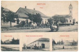 1914 Kürtös, Kurtics, Curtici; Fő tér, templom, Fribeis kastély, Sármezei kastély, Mladin üzlete és szálloda. E. Krischer Fotograf / main square, church, castles, shop and hotel (Rb)