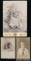1890-1910 3 db csecsemő- és gyerekportré: Eibl és Pietsch/Bp., Szigeti/Rákospalota-Ujfalu és Pátz Hermin/Pécs (1899) műterméből, keményhátú fotók, Eibl és Pietsch vágott és és sérült, 9,5x6,5 és 16x11 cm közötti méretekben