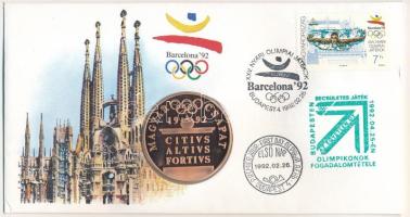 Magyarország 1992. Papp László (1947-) "Barcelonai Olimpia - Magyar Csapat / Vívás" kétoldalas bronz emlékérem érmés borítékban, bélyeggel, első napi és alkalmi bélyegzéssel (42,5mm) T:UNC