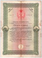 Budapest 1949. "Ötéves tervkölcsön - A Magyar Népköztársaság nyereménykölcsöne" 50Ft-ról, "1298 0219/B" sorszámmal, szárazpecséttel T:F folt, lyuk, hajtások mentén beszakadások