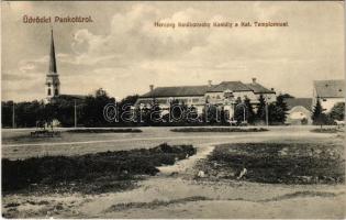 1916 Pankota, Pancota; Herceg Szulkovszky kastély a katolikus templommal. Melczer A. Adolf kiadása / castle, Catholic church (Rb)