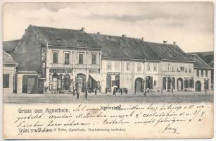 Szentágota, Agnetheln, Agnita; Marktplatz / Piactér, M. Lang & Fia, Gunne Testvérek, Wilhelm Wagner, M. Zimmer üzlete. M. Lang és Fia saját kiadása / market square, shops (r)