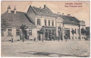 1928 Csernátfalu, Cernat, Cernatul (Négyfalu, Sacele); Piata Principele Carol, Farmacia / tér, gyógyszertár, Szőts János, Joan Dobros üzlete / square, pharmacy, shops (fl)