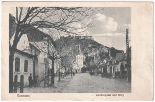 1924 Barcarozsnyó, Rozsnyó, Rosenau, Rasnov; Templom utca és vár / Kirchengasse und Burg / church, street, castle (EB)