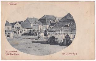 Medgyes, Mediasch, Medias; Marktplatz mit Kaufhaus im Jahre 1854 / Piactér 1854-ben. Franz Wendler kiadása / market square in 1854, shops (r)